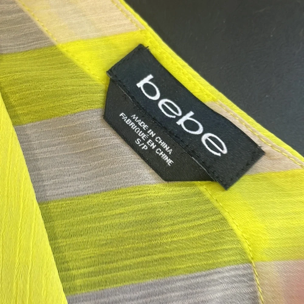 Bebe Neon Yellow & cream, V neck, tie waist band, Sheer, small - Picture 5 of 9